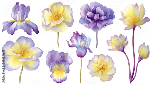 Vibrant Purple and Yellow Watercolor Flowers Collection