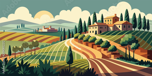 Tuscan style landscape with rolling vineyards, cypress trees, farmhouses, and soft sunset light