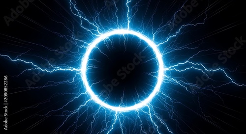 Bright blue electric lightning circle frame with glowing energy sparks on a dark black background