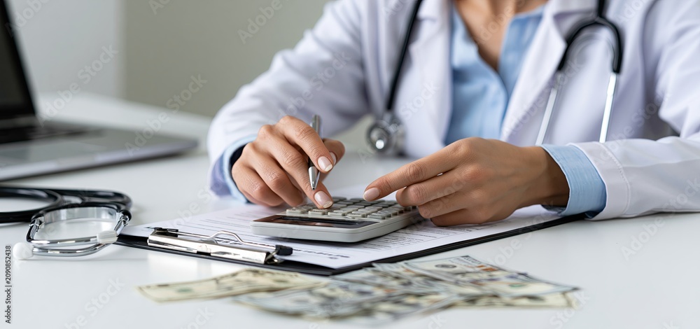 Fototapeta premium A clipboard, stethoscope, and currency notes arranged neatly as a medical billing specialist manages insurance reimbursements.
