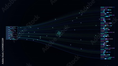 Abstract data stream funneling information from left to right, digital network flow, data processing, technological transformation, cyberspace visualization