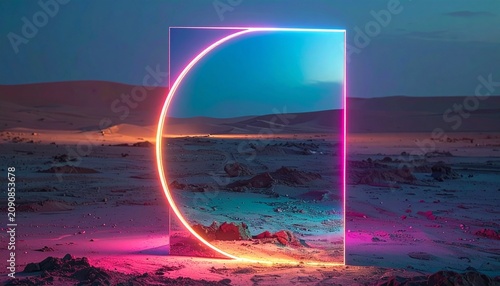Neon light circular portal mirror reflecting desert landscape at dusk with landscape reflection geometric twilight abstract