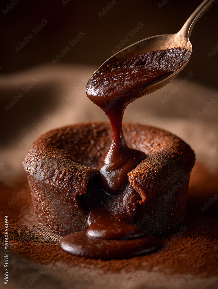 Fototapeta premium Molten chocolate cake with gooey center being spooned over