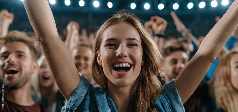 Fototapeta premium Diverse young sports fans celebrating with raised hands in a vibrant stadium during a night game.