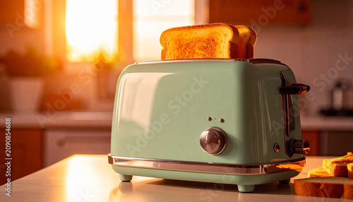 Turquoise retro toaster makes golden toast on clean kitchen counter. Warm light shines on appliance for breakfast. Old style gadget offers fresh bread slices