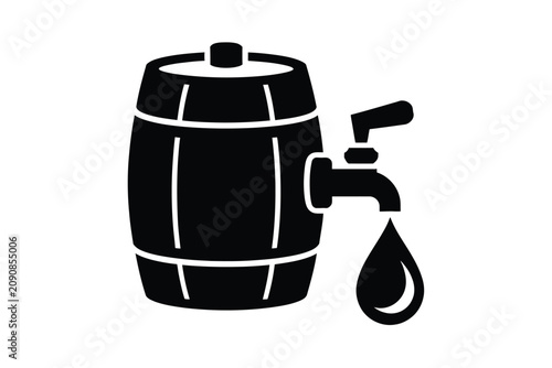 Black Silhouette Barrel Icon with Tap and Liquid Drop Isolated on White Background for Alcohol Beverage Packaging Design Elements Featuring Traditional Wooden Cask Imagery for Pub or Tavern Graphic Ne