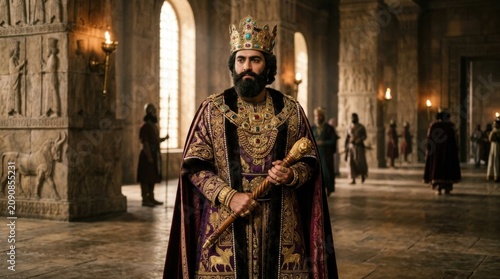 Majestic King in Ancient Palace with Elaborate Robes and Crown.