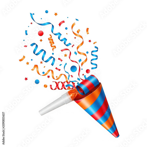 Colorful party horn with red blue and orange stripes and confetti isolated on a transparent background