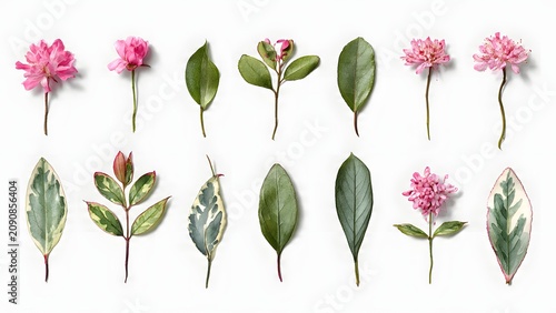Pink Flower Buds and Green Leaves Arrangement on White Background