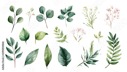 Watercolor Green Leaves and Plant Sprigs Painted in Various Shades