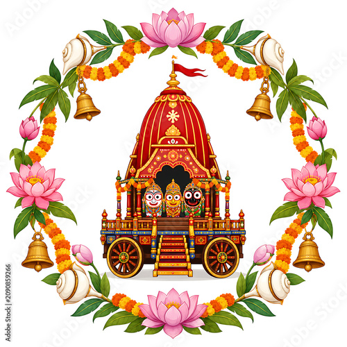 Luxury Lord Jagannath Rath Yatra Festival Background Banner Template with Sacred Temple Chariot, Vibrant Floral Decorations, Premium Editorial Design, and High-Quality Vector Illustration
