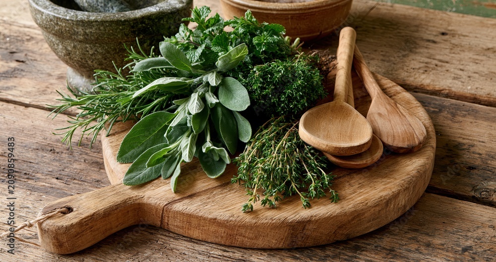 Obraz premium Fresh herbs and kitchen tools arranged on a rustic wooden cutting board creating a cozy farmhouse kitchen scene.