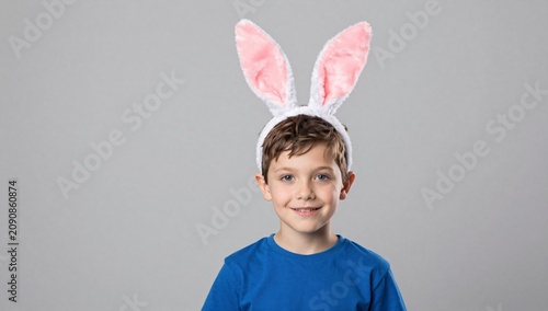 Smiling child wears fluffy bunny ears against a neutral background in studio shot
