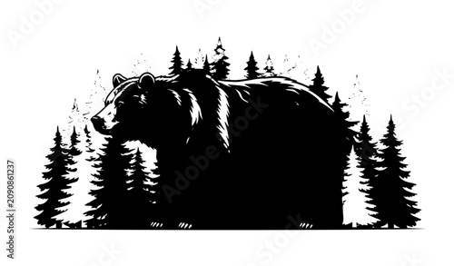 Fotografie Bear Silhouette Vector Illustration, Black Grizzly Bear with Pine Forest Landsca