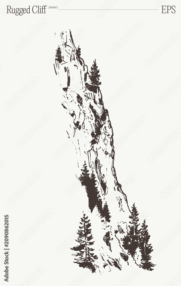 Obraz premium Rugged rock cliff with lone pine tree, hand drawn vector sketch illustration
