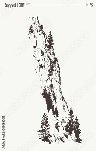 Schilderij op canvas Rugged rock cliff with lone pine tree, hand drawn vector sketch illustration