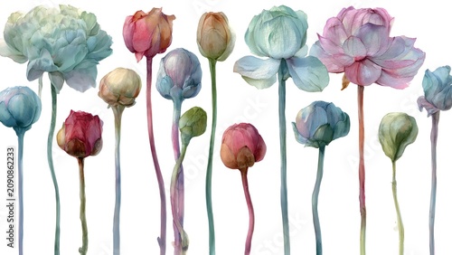 Colorful Watercolor Peony Flowers Row