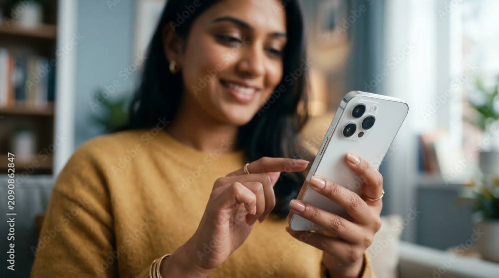 Fototapeta premium Young Woman Using Mobile Phone in Modern Living Room, Young Indian Woman Using Smartphone