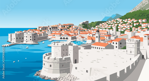 Fotografie Scenic Vector Illustration of a Coastal Medieval Walled City featuring Historica