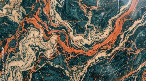 Abstract Swirling Patterns of Green Marble with Orange and White Veins.