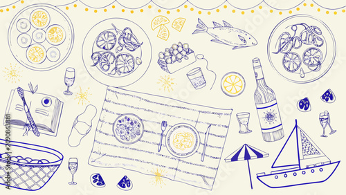 Fotografie Seafood platter and coastal elements illustration featuring sketched dishes glas