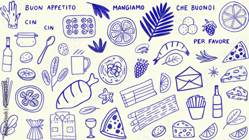 Photos Italian food sketches including pasta pizza lemons and wine bottles on a cream c