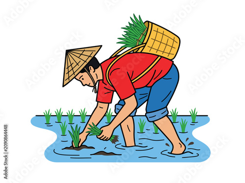 Traditional Asian Rice Farmer Planting Seedlings in Flooded Paddy Field Agriculture Illustration