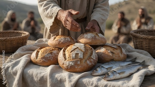 Jesus blessing five loaves and two fish while one loaf bears a subtle house-like mark on its surface