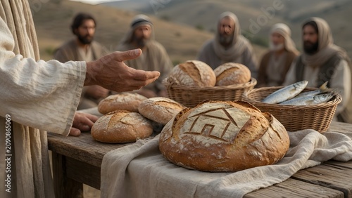 Jesus blessing five loaves and two fish while one loaf bears a subtle house-like mark on its surface