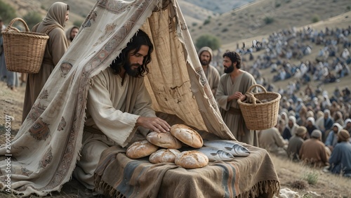 Jesus blessing five loaves and two fish on a folded cloth once used as a small household canopy