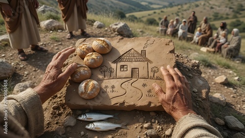 Jesus blessing five loaves and two fish beside a child’s simple drawing of a home on a clay tablet