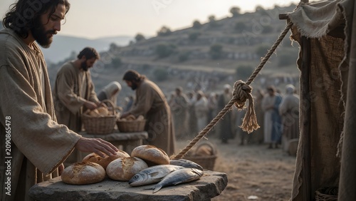 Jesus blessing five loaves and two fish beside a household hanging cord used to tie a simple shelter closed