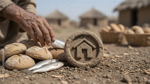 Jesus blessing five loaves and two fish beside a clay household seal marked with a simple shelter emblem