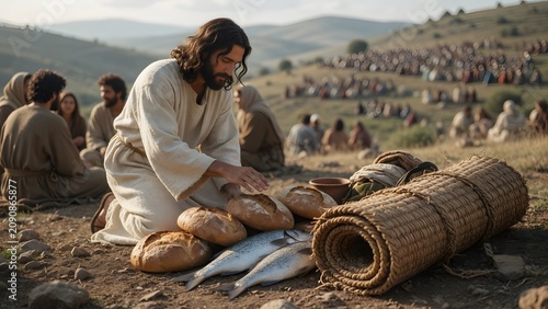 Jesus blessing five loaves and two fish beside a rolled sleeping mat from a small home
