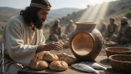 Jesus blessing five loaves and two fish beside a narrow household grain jar nearly empty before the miracle
