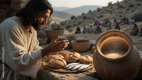 Jesus blessing five loaves and two fish beside a narrow household grain jar nearly empty before the miracle