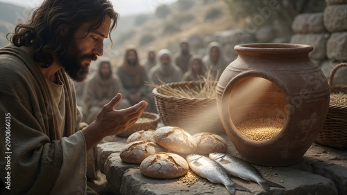 Jesus blessing five loaves and two fish beside a narrow household grain jar nearly empty before the miracle