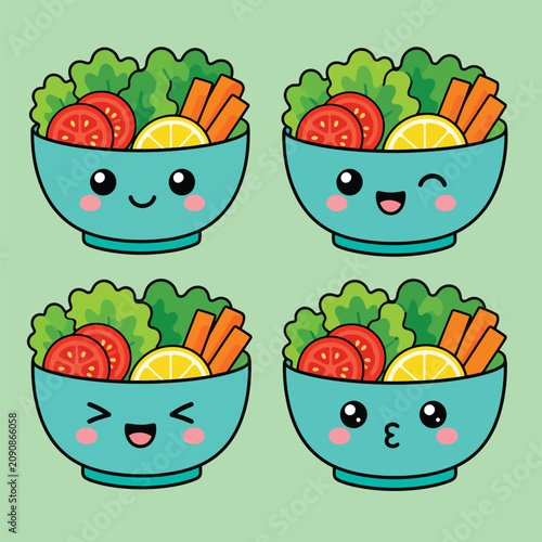 Cute Kawaii Salad Bowl Characters with Different Expressions for Healthy Food Promotions and Graphic Design
