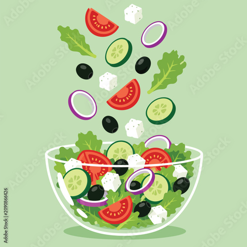 Healthy Greek Salad Vector Illustration with Falling Ingredients into Glass Bowl for Nutrition and Wellness Concepts