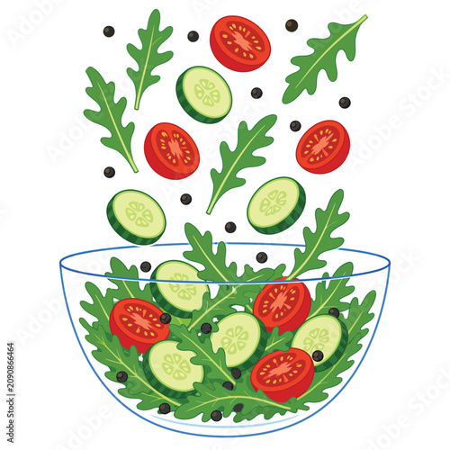 Fresh Vegetable Salad in Glass Bowl with Falling Sliced Cucumbers Tomatoes and Arugula Leaves for Healthy Lifestyle Concept