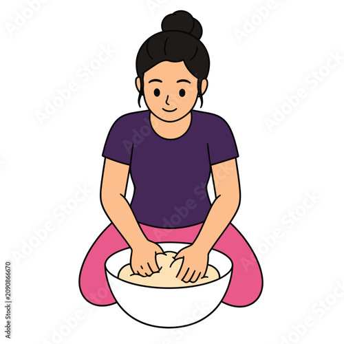 Young Woman Kneading Dough in White Bowl for Homemade Baking Bread or Pastry Illustration
