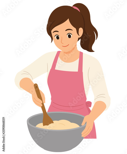 Smiling Young Woman in Pink Apron Stirring Dough in Bowl with Wooden Spoon Vector