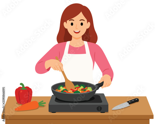Smiling Young Woman Cooking Healthy Organic Stir Fry Vegetables in Pan on Kitchen Stove Vector Illustration