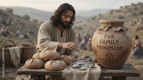 Jesus blessing five loaves and two fish beside a sealed household storage jar marked for family provision