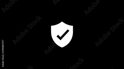 Security Shield Icon Animation with Black Check Mark Reveal Pop up Motion Loop on Plain Isolated Black Background for Cyber Protection and Safety Concept.