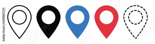 Fotografia Location pin icons set outline solid blue solid red and dashed versions