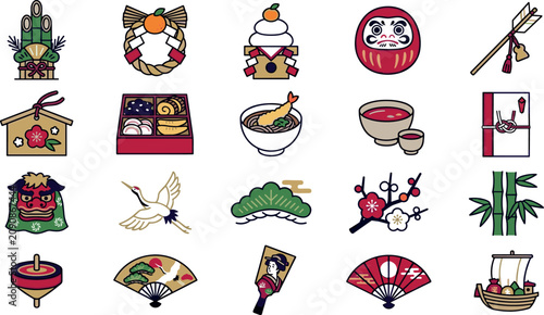 Fotografie Japanese culture and New Year tradition vector icon set featuring daruma, ramen,