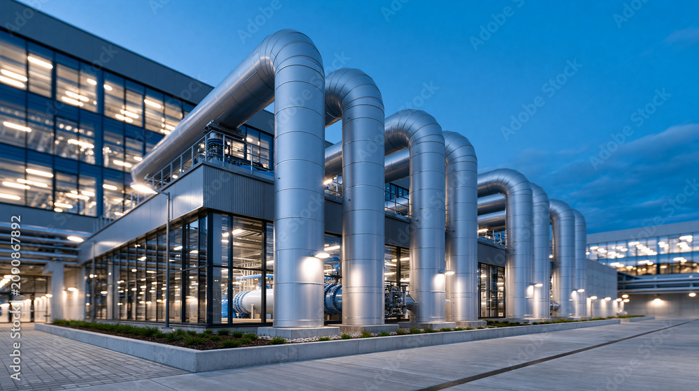 Fototapeta premium A photo of a modern water utility plant, a clear blue sky just after dawn occupying most of the frame, bright natural lighting