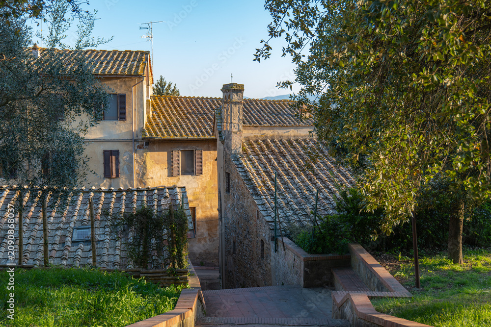 Fototapeta premium Stone Tuscan house with a tiled roof and garden path, surrounded by trees and greenery in warm evening light. A quiet countryside scene near Montaione, Italy.