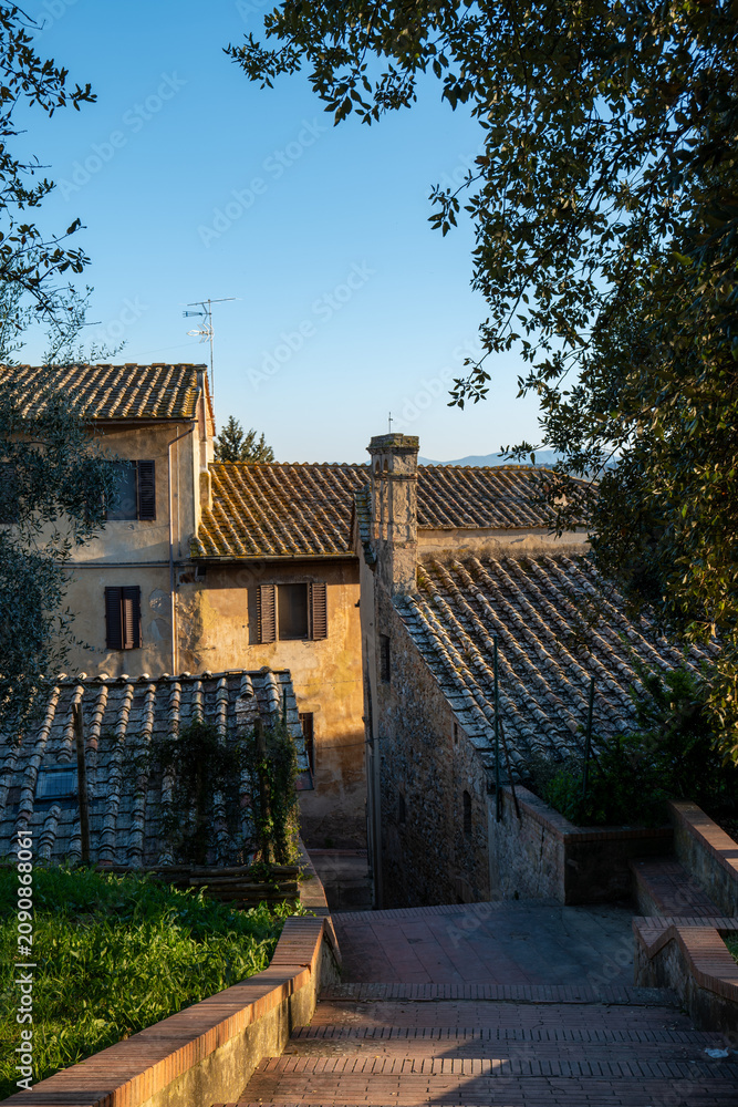 Obraz premium Narrow walkway leading to a Tuscan stone house framed by trees and garden walls. The image shows a peaceful rural property in soft natural light.